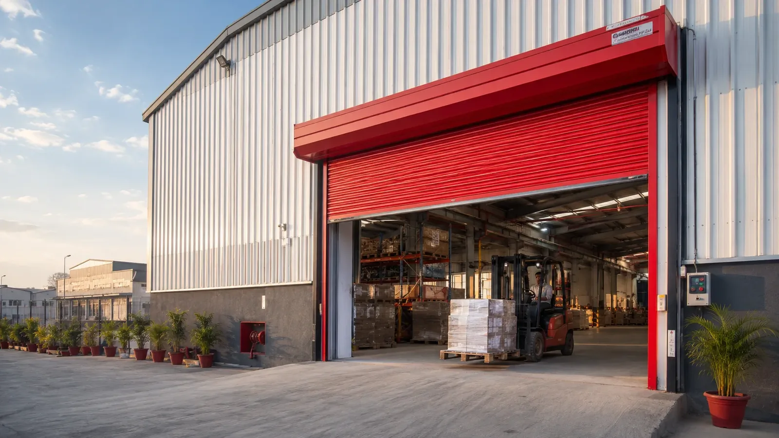 Motorised powder-coated rolling shutters at the Svarn Infratel plant, Ghiloth